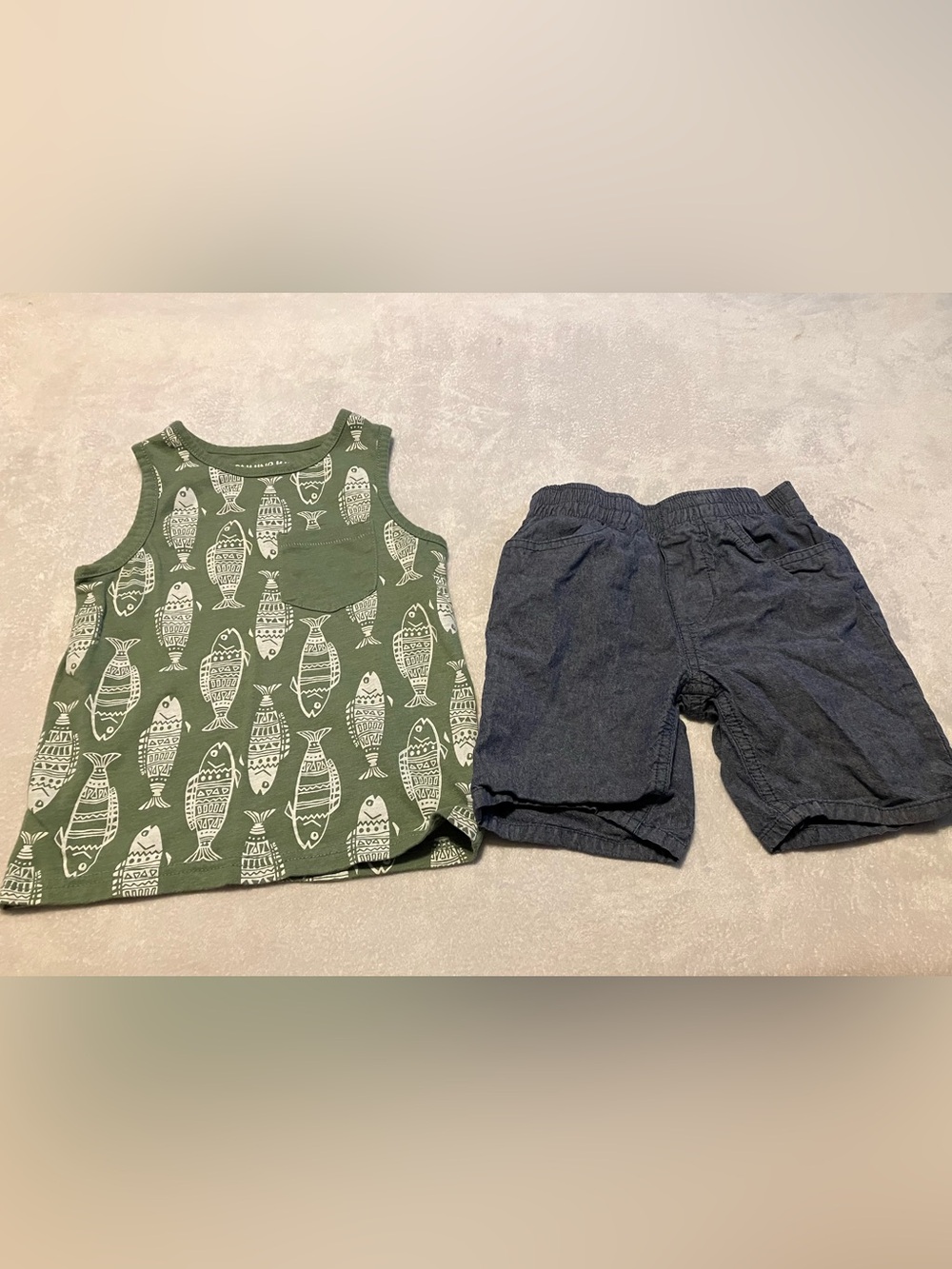Kids Green Fish Print Tank Top and Blue Shorts Outfit
